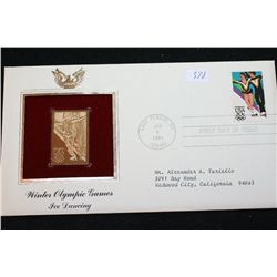 1984 First Day Issue 22K Gold Replica Stamp W/Postal Stamp; Winter Olympic Games Ice Dancing