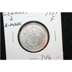 1937F German 2 Reichsmark Foreign Coin W/Flying Eagle Holding Swatstika