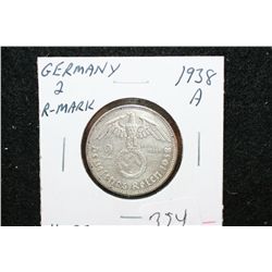 1938A German 2 Reichsmark Foreign Coin W/Flying Eagle Holding Swatstika