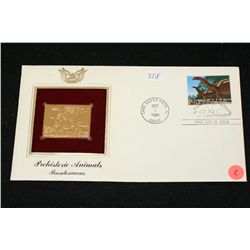 1989 First Day Issue 22K Gold Replica Stamp W/Postal Stamp; Prehistoric Animals Brontosaurus