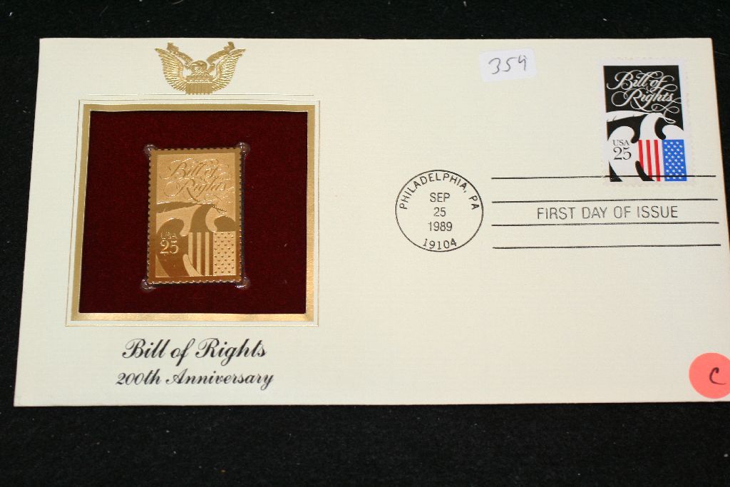 1989 First Day Issue 22K Gold Replica Stamp W/Postal Stamp; Bill of