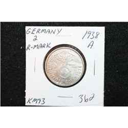 1938A German 2 Reichsmark Foreign Coin W/Flying Eagle Holding Swatstika