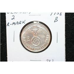 1938B German 2 Reichsmark Foreign Coin W/Flying Eagle Holding Swatstika