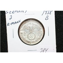 1938B German 2 Reichsmark Foreign Coin W/Flying Eagle Holding Swatstika