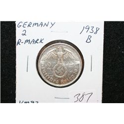 1938B German 2 Reichsmark Foreign Coin W/Flying Eagle Holding Swatstika