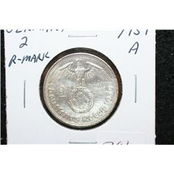 1939A German 2 Reichsmark Foreign Coin W/Flying Eagle Holding Swatstika