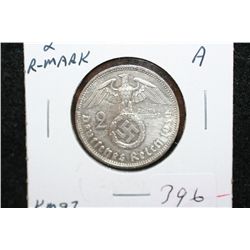 1939A German 2 Reichsmark Foreign Coin W/Flying Eagle Holding Swatstika