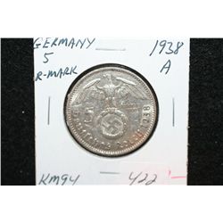 1938A German 5 Reichsmark Foreign Coin W/Flying Eagle Holding Swatstika