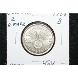 1938B German 2 Reichsmark Foreign Coin W/Flying Eagle Holding Swatstika
