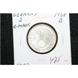 1938B German 2 Reichsmark Foreign Coin W/Flying Eagle Holding Swatstika