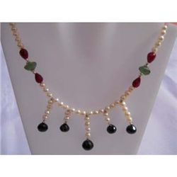 189ct Ruby Saphire Emerald Pearl .925 Sterling Necklace
