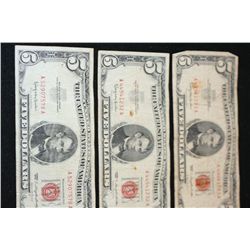 1963 United States Note $5, Red Seal, Lot of 3