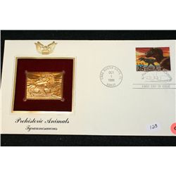 1989 First Day Issue 22K Gold Stamp Replica W/Postal Stamp; Prehistoric Animals Tyrannosaurus