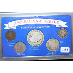Americana Series Yesteryear Collection; 1895 Indian Head One Cent, 1900 V-Nickel, 1900 Barber Quarte