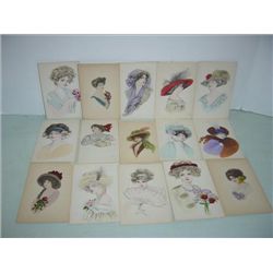 LOT 15 VINTAGE POSTCARDS WOMEN WATERCOLOR