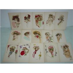 LOT 15 VINTAGE POSTCARDS WOMEN WATERCOLOR