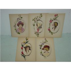 LOT 5 VINTAGE POSTCARDS WOMEN WATERCOLOR WENDT