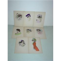 LOT 8 VINTAGE POSTCARDS WOMEN WATERCOLOR