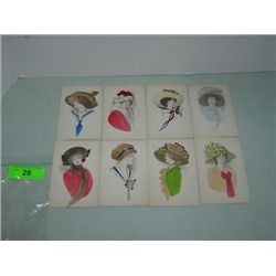 LOT 8 VINTAGE POSTCARDS WOMEN WATERCOLOR