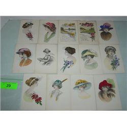 LOT 14 VINTAGE POSTCARDS WOMEN WATERCOLOR
