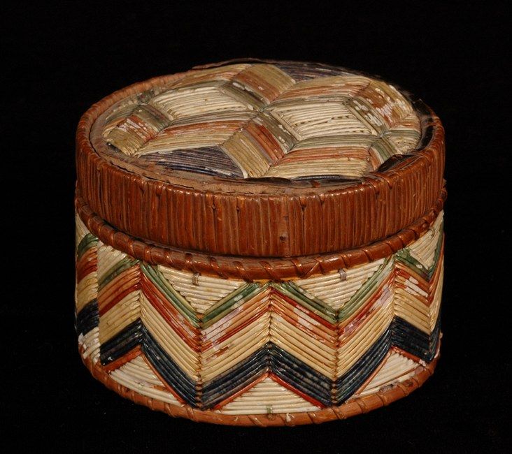 Lidded Birch Bark and Porcupine Quill Basket 4" D. 2 3/4" H. As Is