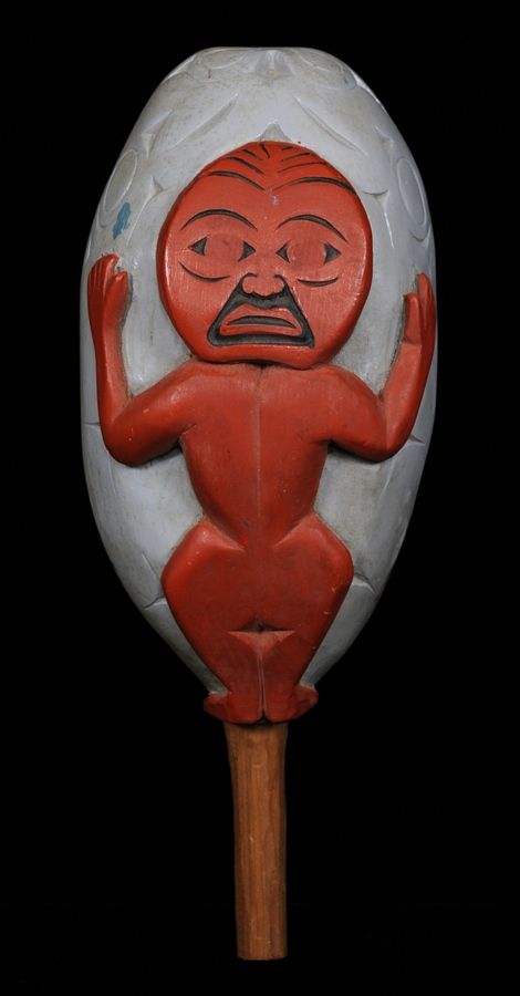 Coast Salish Dance Rattle Carved with Human and Lizard 13