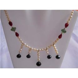 189ct Ruby Saphire Emerald Pearl .925 Sterling Necklace