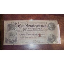 1864 $500 CSA CONFEDERATE CIVIL WAR CURRENCY (Hole)