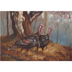 MWF1383Q 5x7 Oil on Board Depiciting Wild Turkey Scene