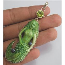 Unique Hand carved Cow bone Mermaid & Peridot Blue Pear