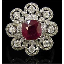 An 14K White Gold Floriform Burmuse Ruby and Diamond Ri