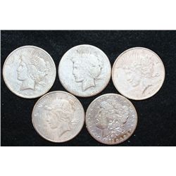 Silver Morgan $1 & Peace $1, Various Dates & Conditions, Low Grade, Lot of 5