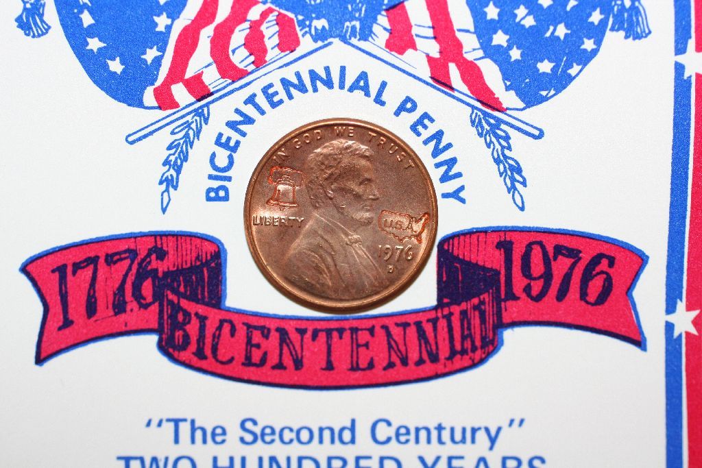 1976-D Bicentennial Lincoln Penny W/Liberty Bell & USA Map Stamped on Front
