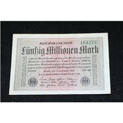 1923 German Funfzig Millionen Mark Foreign Bank Note