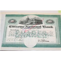 Citizen National Bank of Washington City Stock Certificate Dated 1903