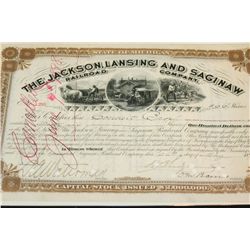 The Jackson, Lansing and Saginaw Railroad Co. Stock Certificate Dated 1898