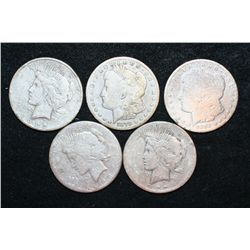 Silver Morgan $1 & Peace $1, Various Dates, Low Grade, Lot of 5