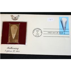 1983 First Day Issue 22K Gold Replica Stamp W/Postal Stamp; Ballooning Explorer II, 1935