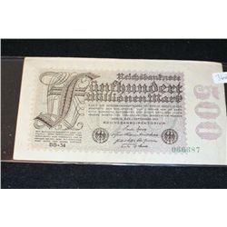 1923 German 500 Funfhundert Millionen Mark Foreign Bank Note