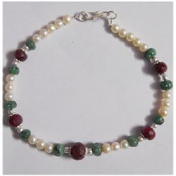 Natural 77.90ct Pearl/Emerald. Ruby Bracelet .925 Sterl