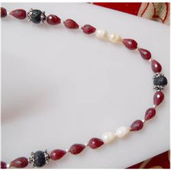 Natural 209.70 ctw Ruby/Sapphire Pearl Necklace 925 Ste