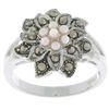 Sterling Silver Marcasite and Synthetic Pearl Floral Ring
