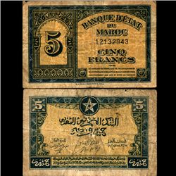 1943 Morocco 5 Franc Note Circulated (CUR-07111)