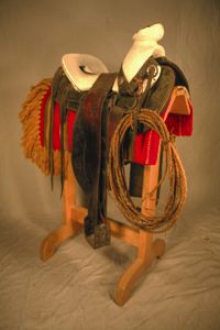 Mexican saddle, w/ rawhide riata, stand & blanket, w/ heavy, ornate ...