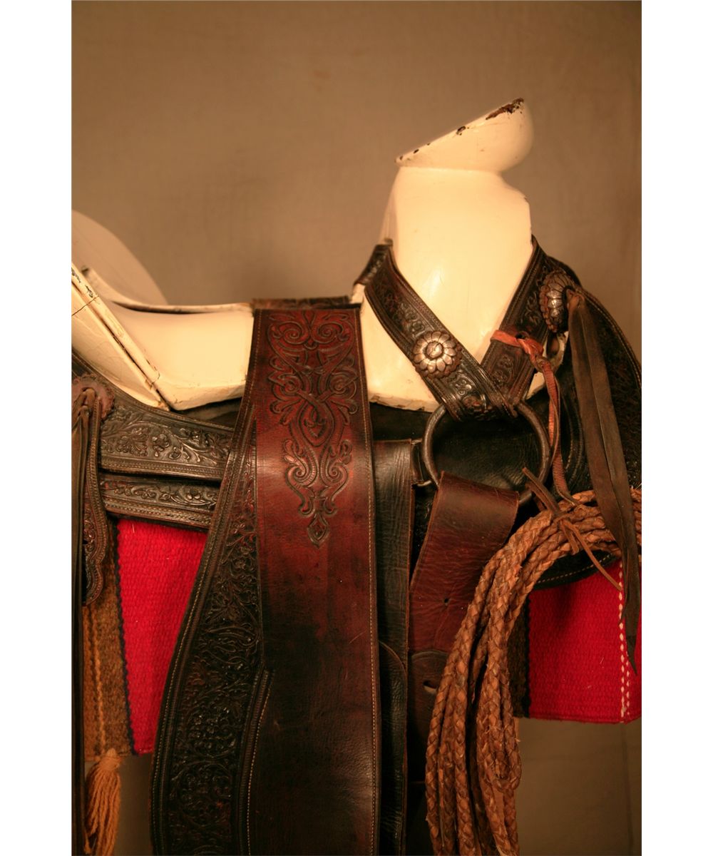 Mexican saddle, w/ rawhide riata, stand & blanket, w/ heavy, ornate ...