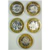 Image 2 : 5 SILVER CASINO TOKENS, FROM 5 DIFF. CASINOS