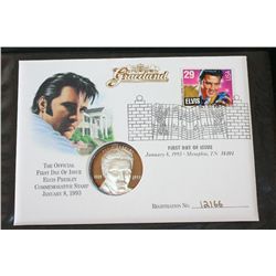 1993 Elvis Presley First Day Issue Postal Stamp W/Elvis Presley Silver Round; .999 Fine Silver 1 Oz.