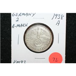1938A German 2 Reichsmark Foreign Coin W/Flying Eagle Holding Swatstika