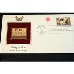 1983 First Day Issue 22K Gold Replica Stamp W/Postal Stamp; Treaty of Paris 200th Anniversary
