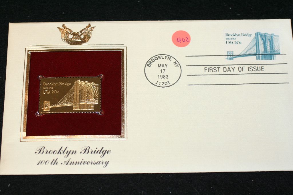 1983 First Day Issue 22K Gold Replica Stamp W/Postal Stamp; Brooklyn